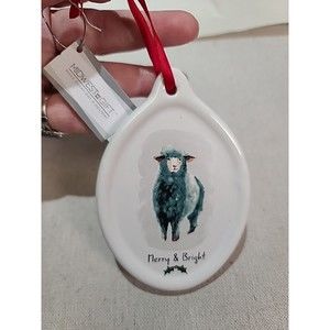 New Sheep Lamb  Merry& Bright  Christmas Ceramic Ornament Midwest Gift Farmhouse